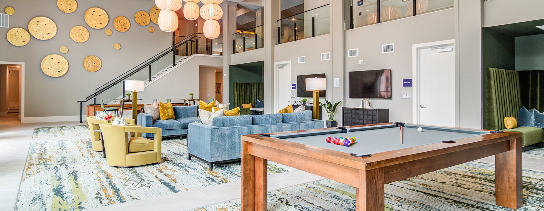 Spacious and well lit lobby with billiard tables